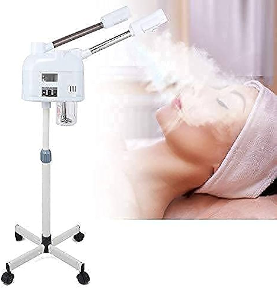 Indian woman receiving professional steam facial treatment in clinic.