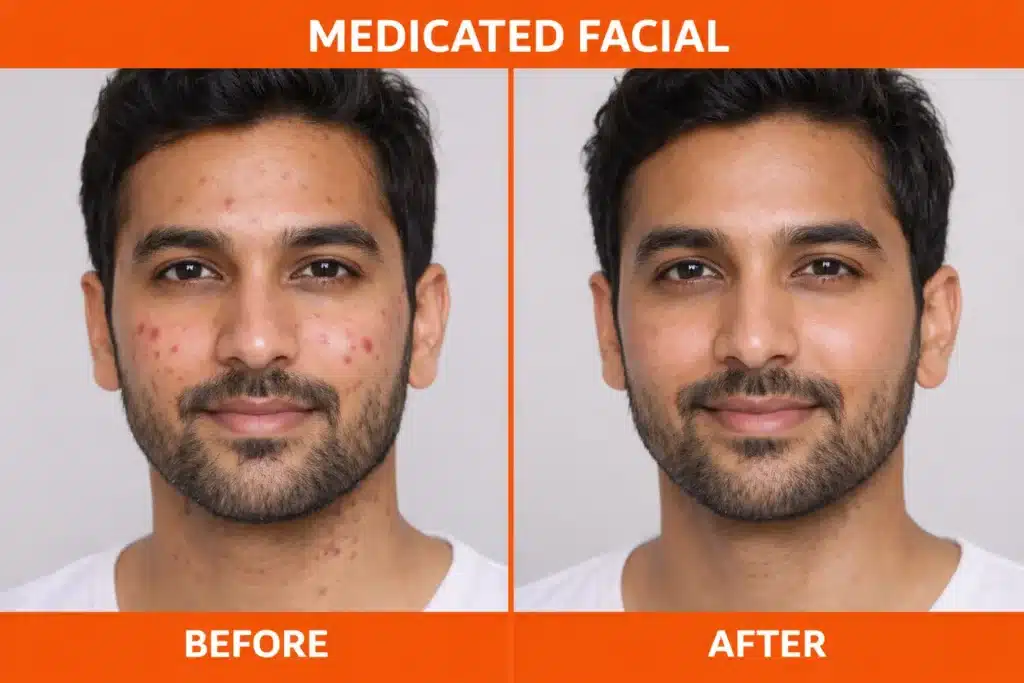 Before and after comparison of medicated facial treatment on Indian man showing reduced acne, smoother skin texture, and clearer complexion in orange themed design.