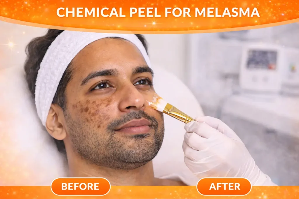 Indian man receiving chemical peel treatment for melasma with visible pigmentation patches on cheeks in professional dermatology clinic setting.