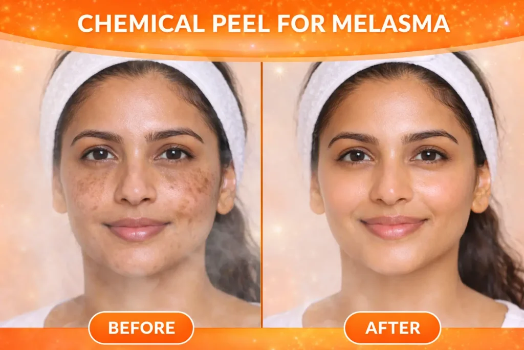 Before and after results of chemical peel treatment for melasma showing reduced pigmentation and improved skin tone on Indian woman with orange branded design.