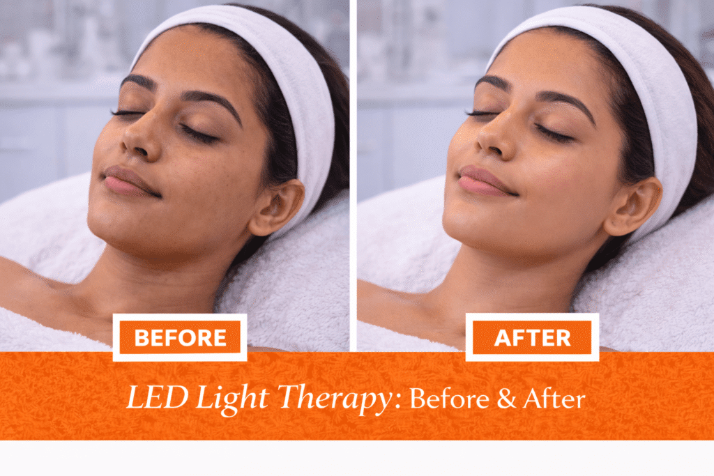 Before and after LED light therapy treatment showing brighter, smoother skin and improved complexion in Indian woman