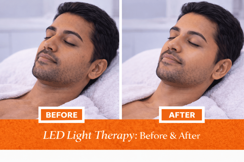 Before and after LED light therapy treatment showing improved skin brightness, smoother texture, and refreshed complexion in Indian male patient