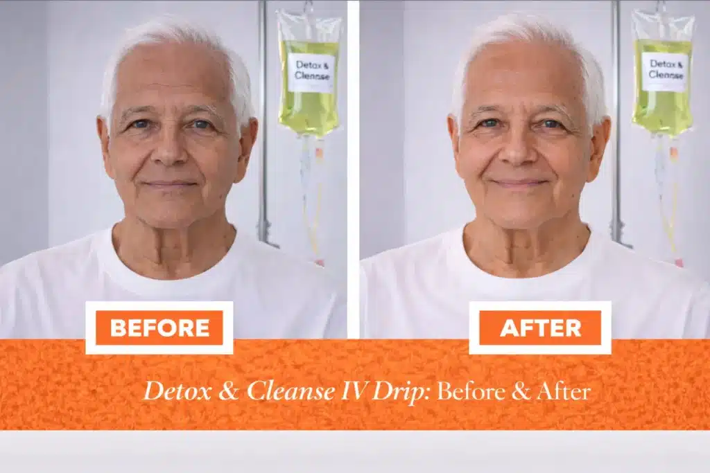 Before and after Detox & Cleanse IV Drip treatment for elderly Indian man showing healthier-looking and revitalized appearance at Vivo Body & Skin Clinic.