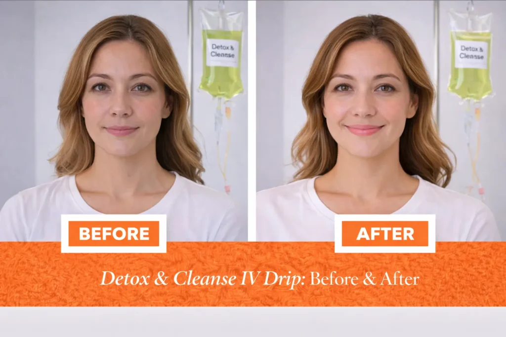 Before and after results of Detox & Cleanse IV Drip showing improved skin clarity and refreshed appearance at Vivo Body & Skin Clinic.