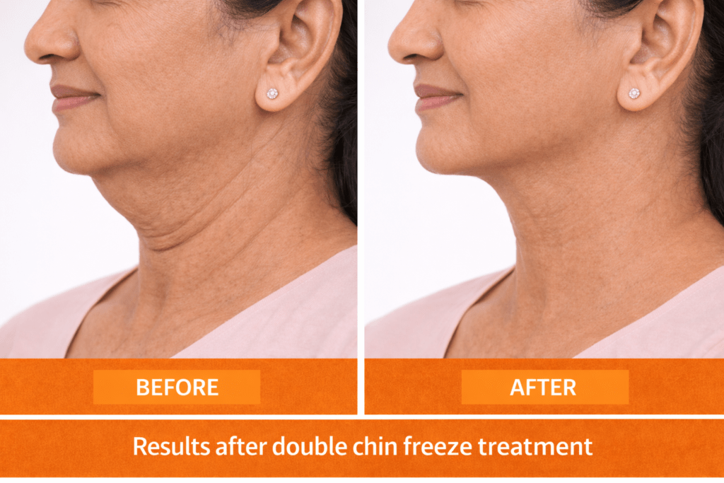 Before and after double chin freeze treatment at Vivo Body & Skin Clinic showing reduced submental fat and sharper jawline contour in Indian woman
