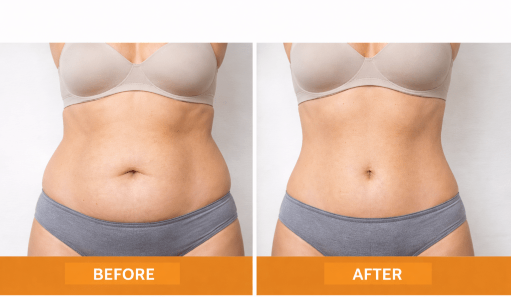 Before and after fat freezing treatment at Vivo Body & Skin Clinic showing improved body contouring on the abdomen."