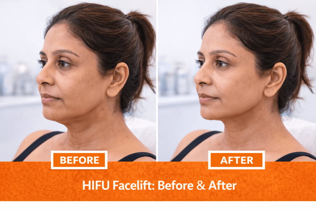 Before and after HIFU facelift treatment at Vivo Body & Skin Clinic showing lifted jawline, tighter neck skin, and reduced facial sagging