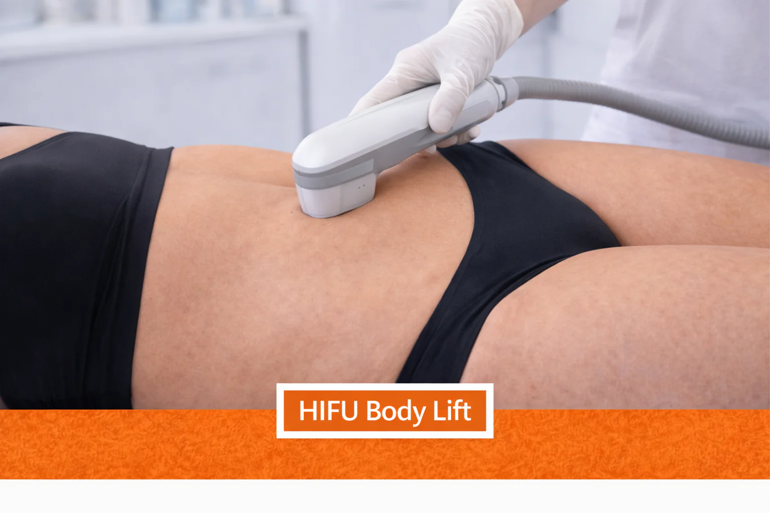 Client receiving HIFU body lift treatment on abdomen using advanced ultrasound device for non-surgical skin tightening.