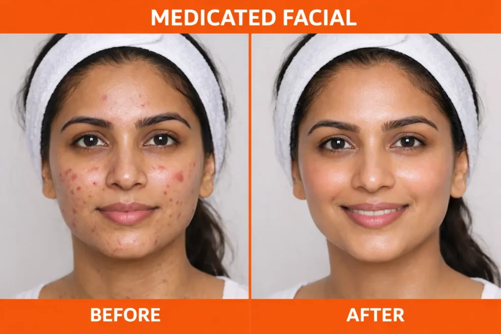 Before and after results of medicated facial treatment on Indian woman showing acne reduction, clearer skin, and improved glow with orange clinic design layout.