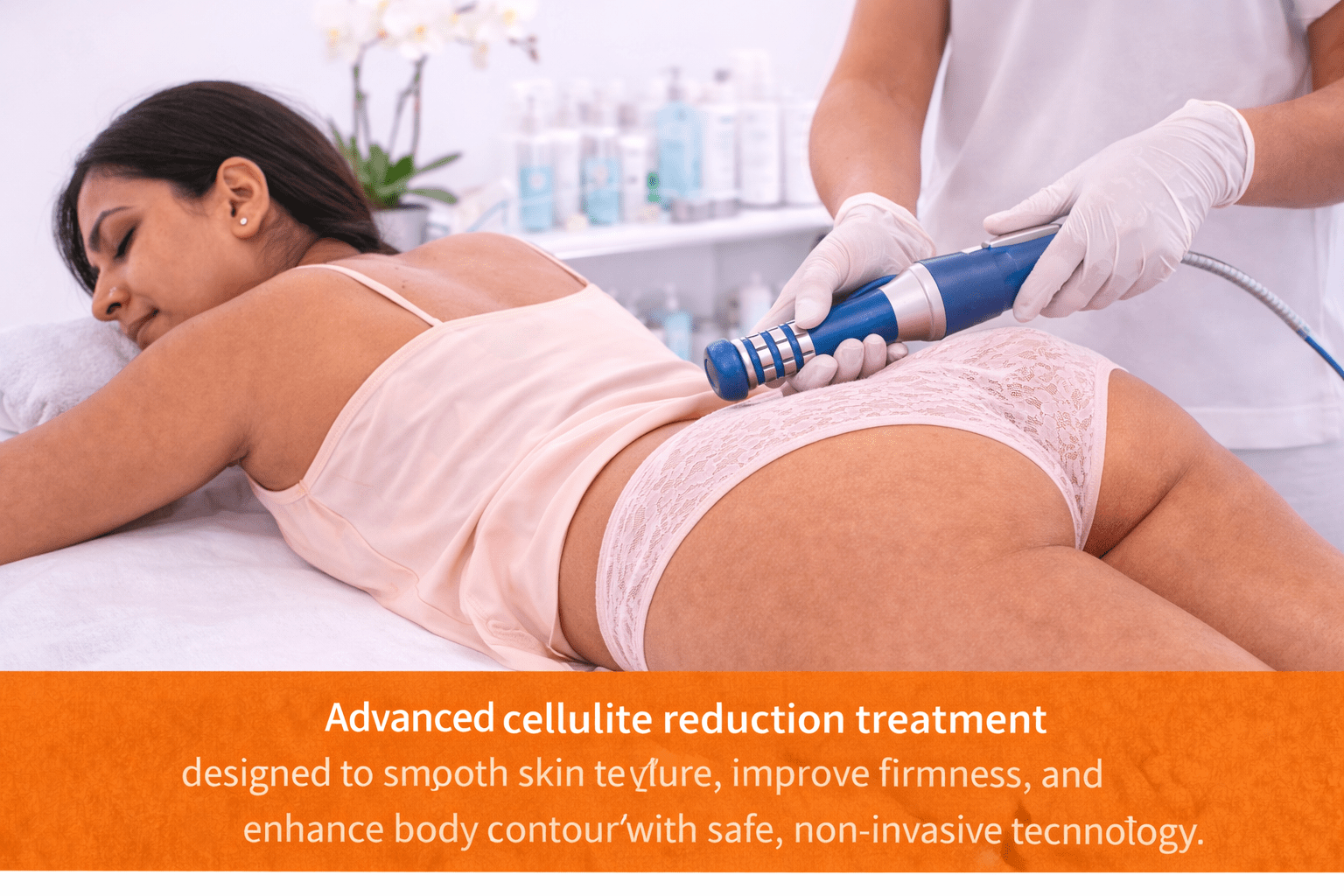 Client receiving advanced cellulite reduction treatment at Vivo Body & Skin Clinic using non-invasive shockwave therapy on thighs and buttocks