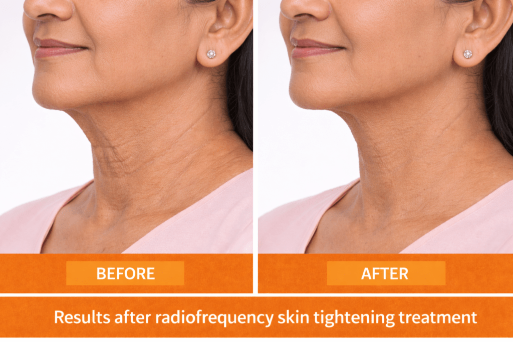 Before and after radiofrequency skin tightening treatment at Vivo Body & Skin Clinic showing smoother neck skin and improved jawline definition in Indian woman.