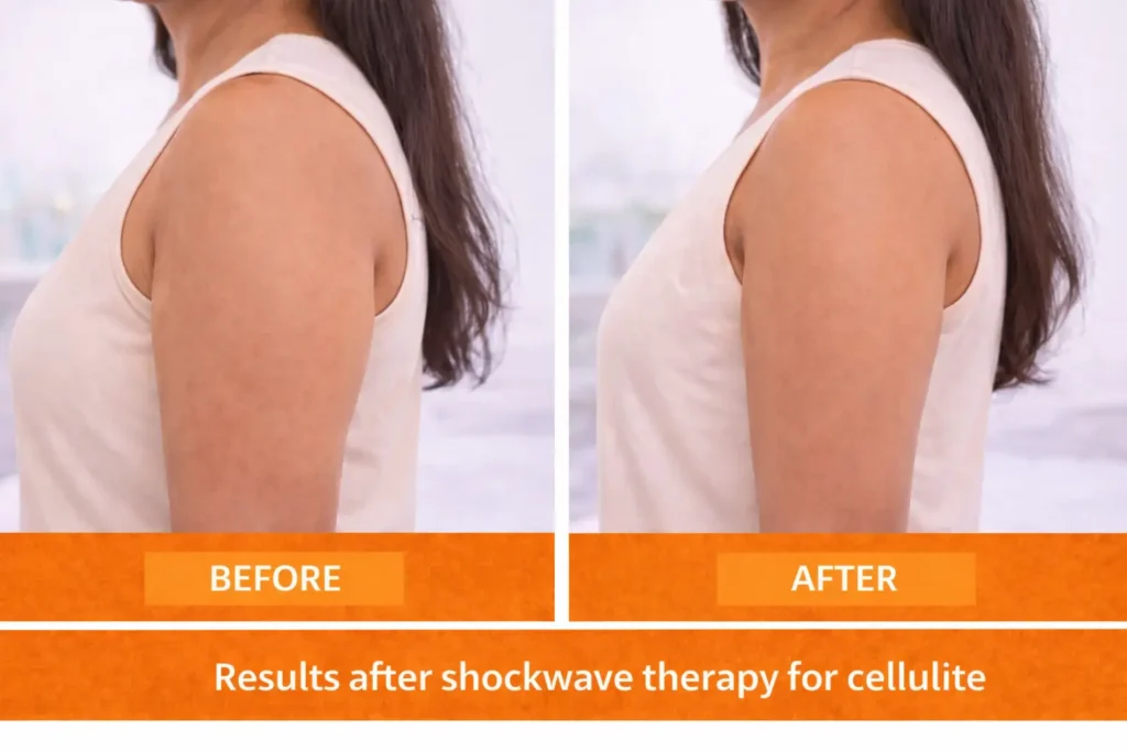 Before and after shockwave therapy for arms at Vivo Body & Skin Clinic showing improved skin firmness and reduced upper arm fat in Indian woman
