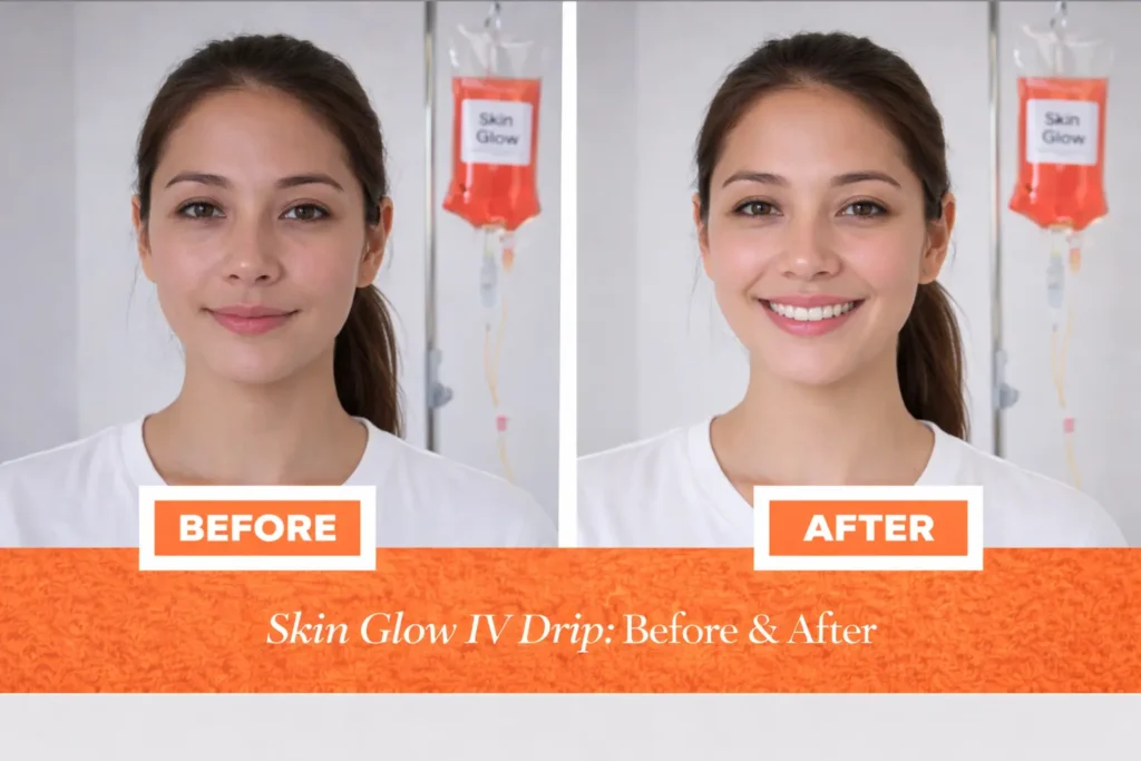 Before and after Skin Glow IV Drip treatment for woman aged 54+ showing improved skin brightness and smoother appearance at Vivo Body & Skin Clinic.