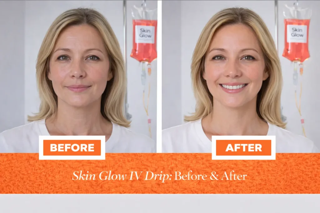 Before and after results of Skin Glow IV Drip showing brighter complexion and improved skin radiance at Vivo Body & Skin Clinic.