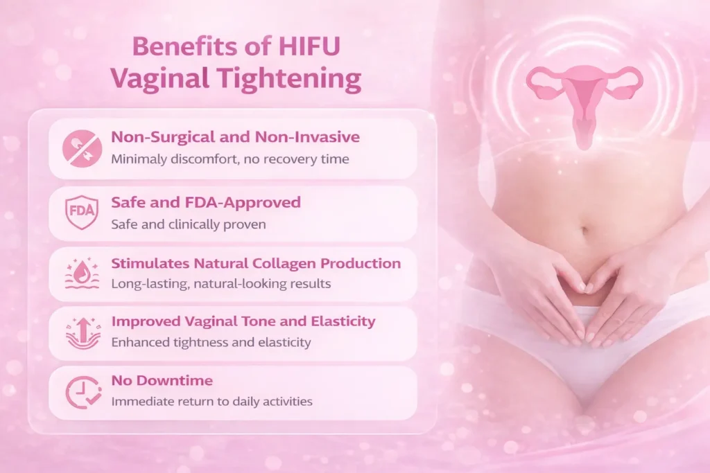Benefits of HIFU vaginal tightening treatment showing non-surgical procedure, collagen stimulation, improved vaginal elasticity and no downtime
