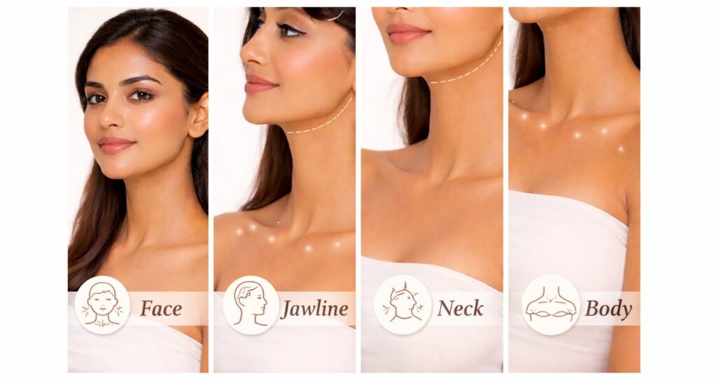 HIFU Facelift Treatment Areas: Face, Jawline, Neck & Body Comparison 2 Comparison of HIFU results across different areas 1