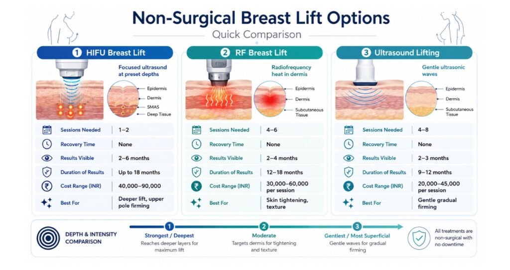 Non-Surgical Breast Lift Options in India: What Works in 2026? 4 Comparison Table HIFU vs RF vs Ultrasound