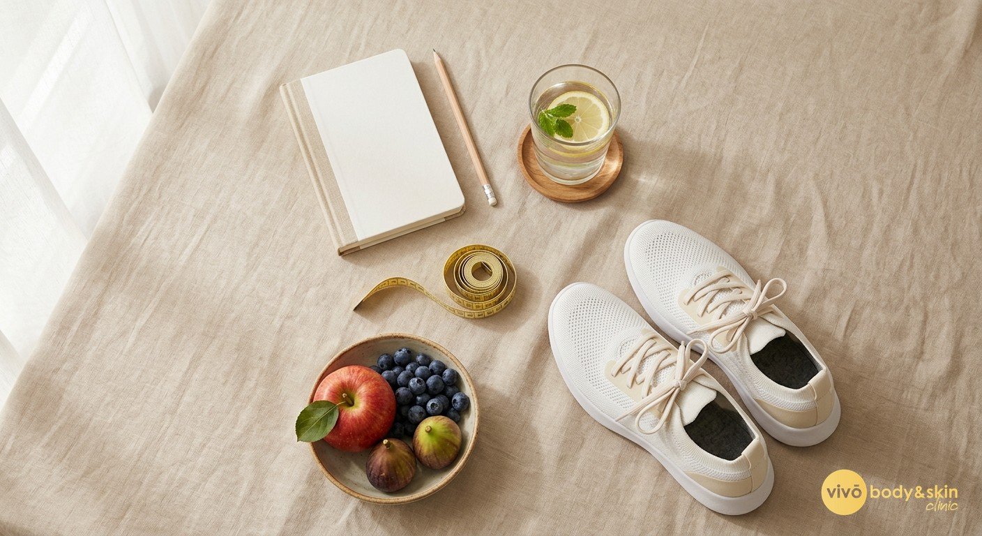Healthy lifestyle items representing a sustainable approach to medical weight loss