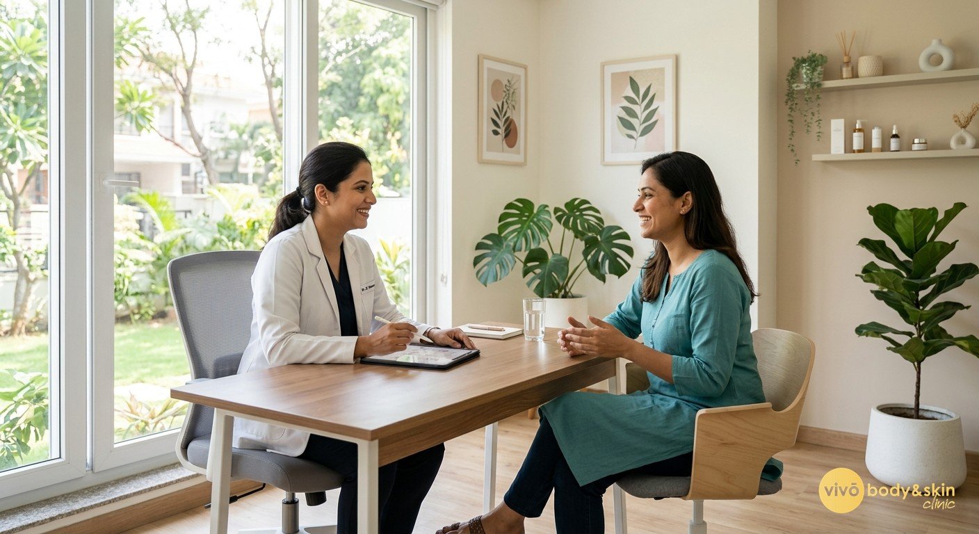 Patient discussing Mounjaro weight loss treatment options with a clinician in a modern Indian clinic