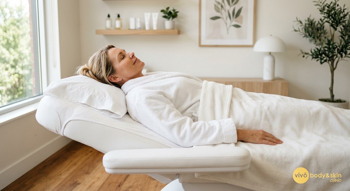 Mother relaxing during a non-surgical skin tightening treatment