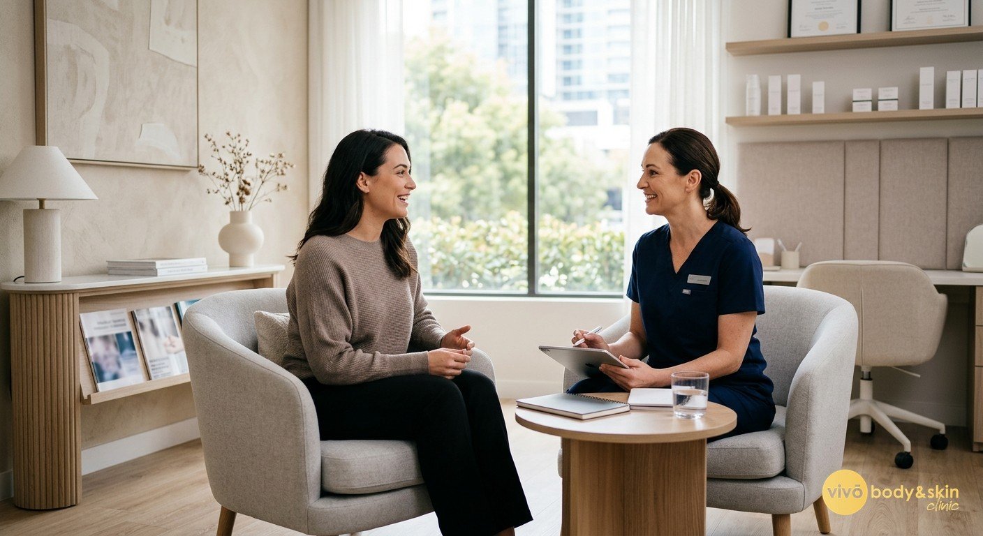 Patient consultation for non-surgical neck tightening in a modern clinic