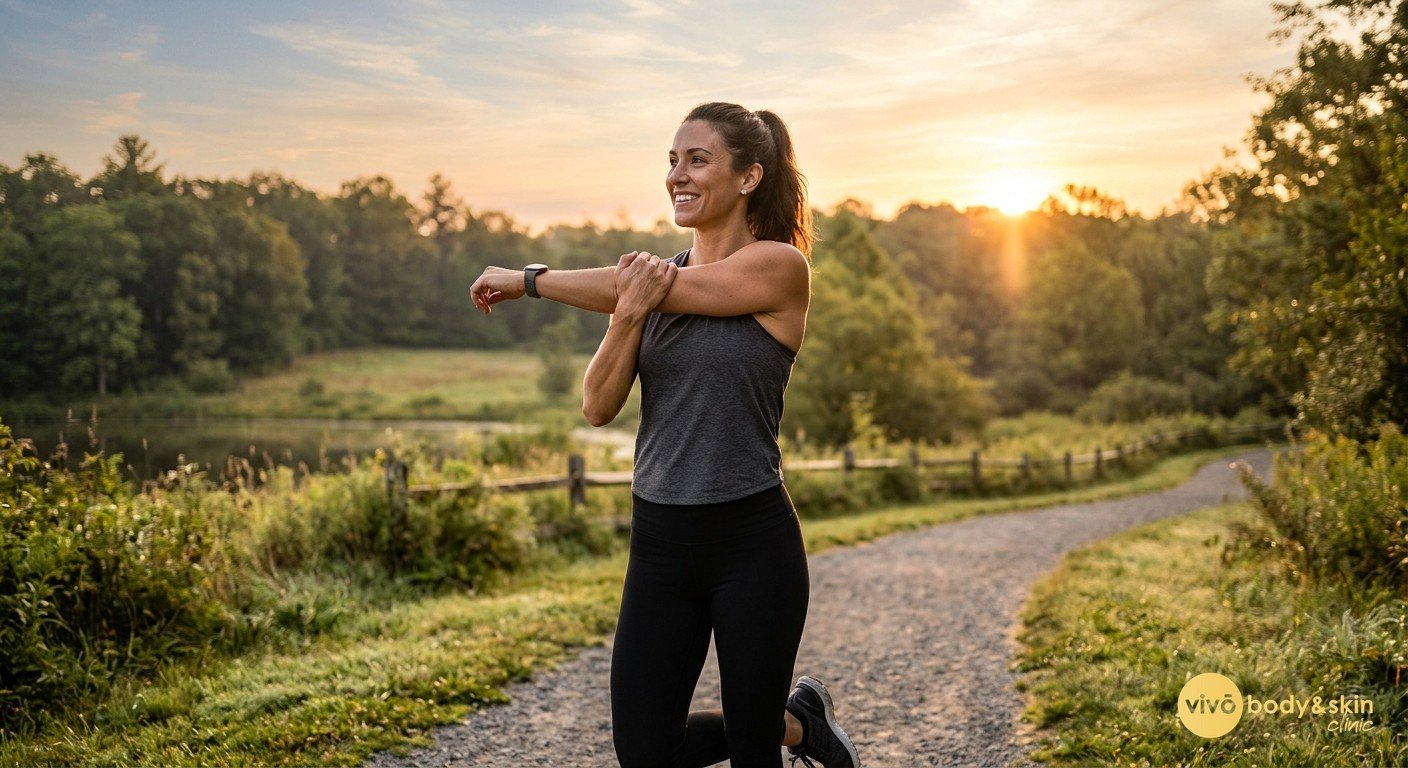 Woman with toned arms enjoying an active lifestyle after non-surgical arm contouring