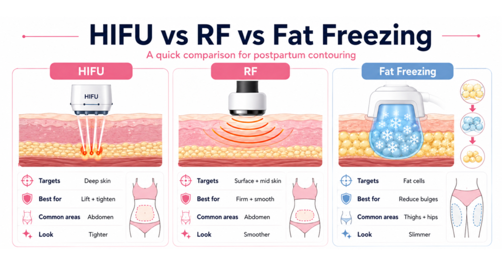 Post-Pregnancy Thigh & Hip Contouring India: Non-Surgical Options 5 HIFU vs RF vs Fat Freezing