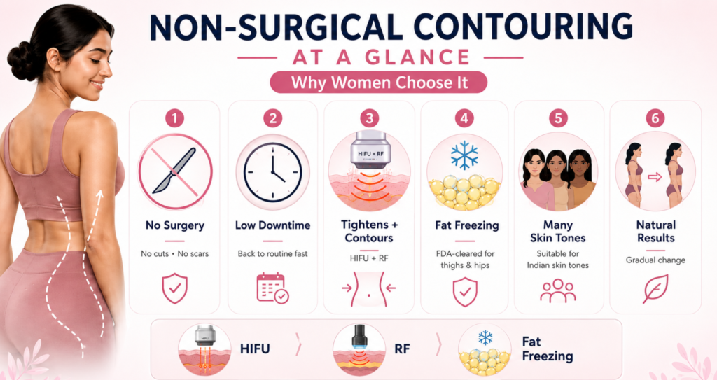 Post-Pregnancy Thigh & Hip Contouring India: Non-Surgical Options 4 Non Surgical Contouring at a Glance