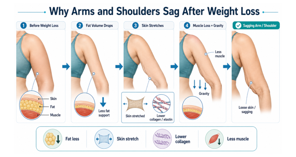 Non-Surgical Arm & Shoulder Lift After Weight Loss in India (2026) 2 Why Arms and Shoulders Sag After Weight Loss