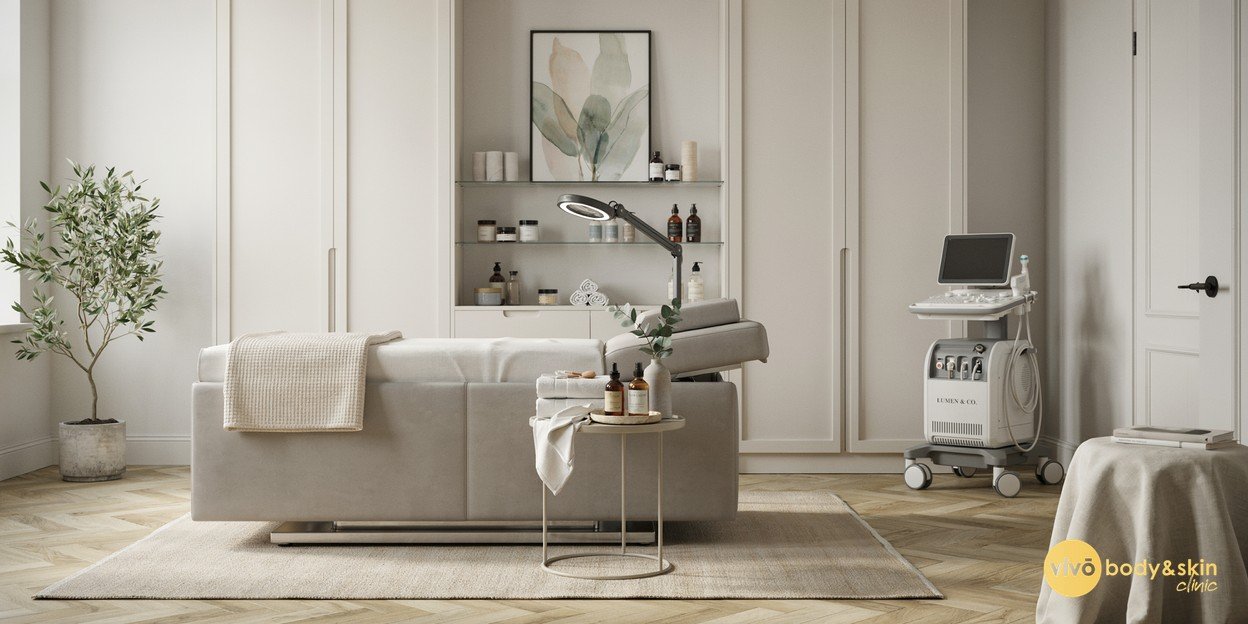 A calm, modern aesthetic clinic treatment room in India