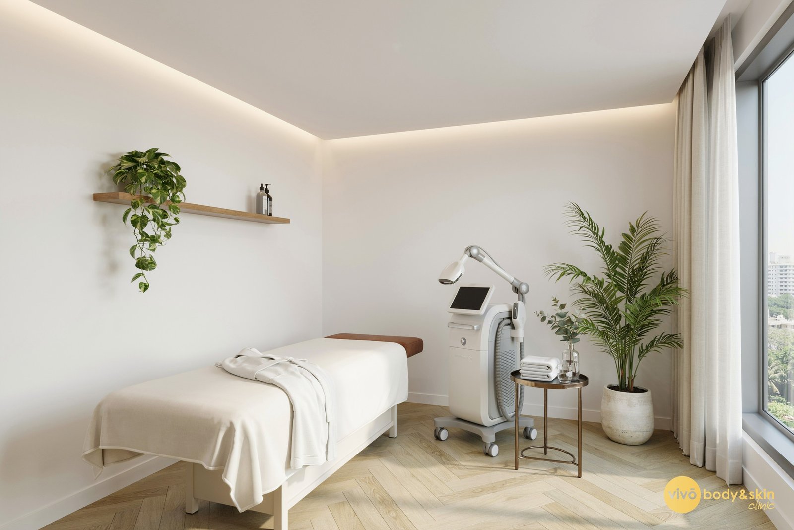 Modern aesthetic clinic treatment room with body contouring equipment