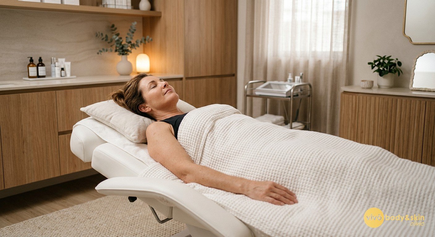 New mother relaxing during a non-surgical body contouring treatment in a modern clinic
