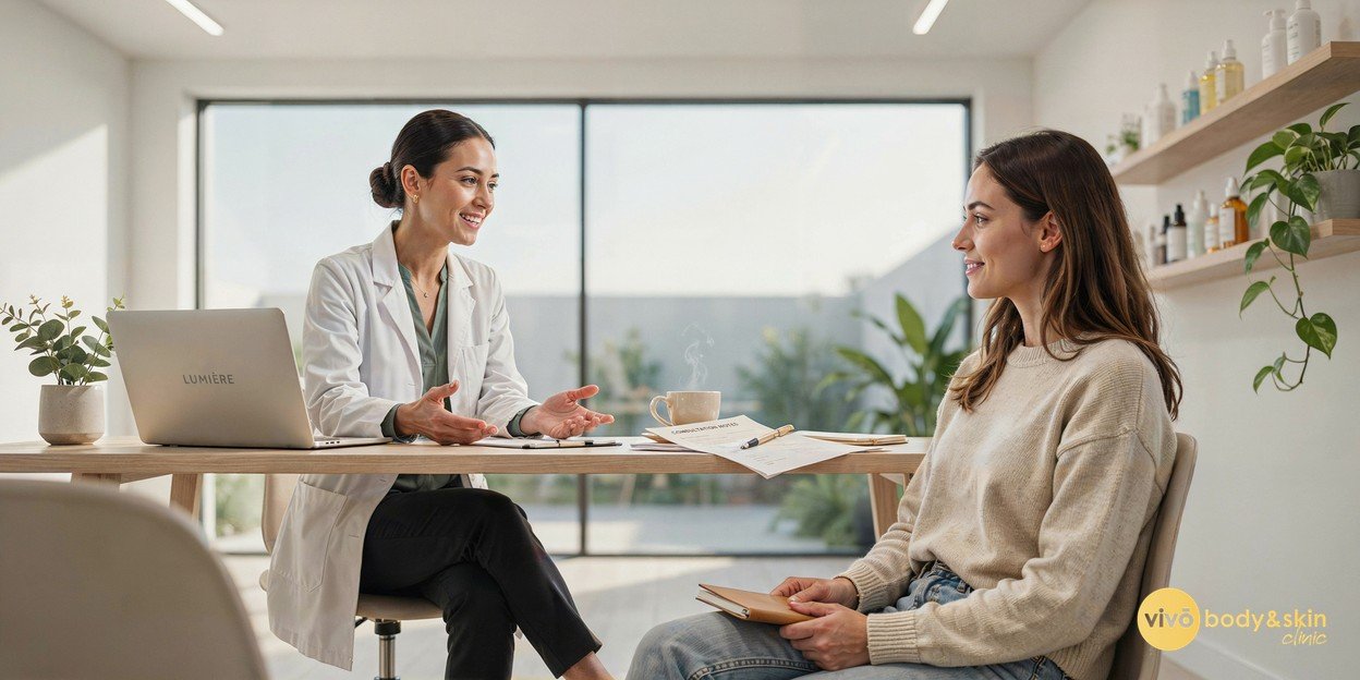 An aesthetic practitioner consulting with a client about skin tightening options
