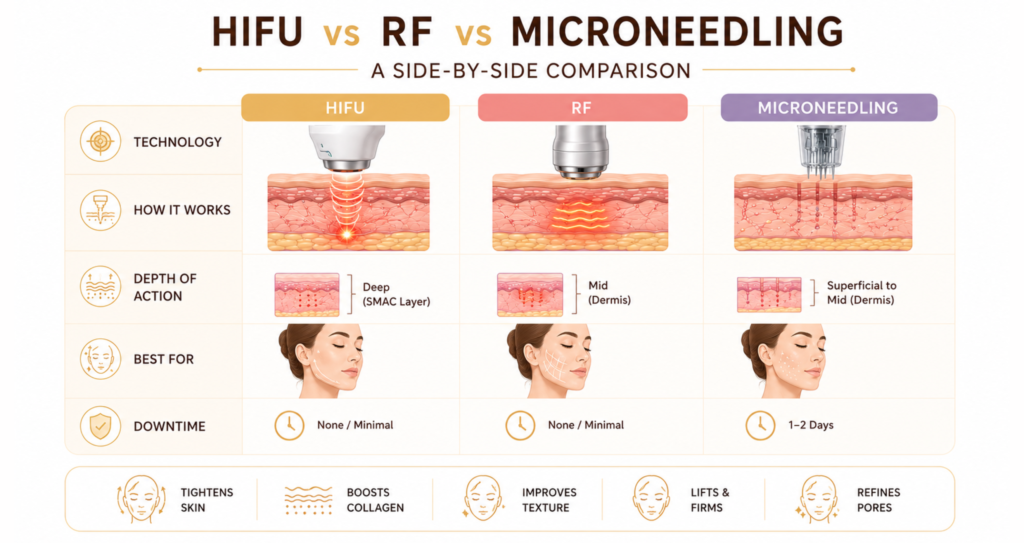 Post-Pregnancy Facial Rejuvenation India: HIFU vs RF vs Microneedling 5 HIFU vs RF vs Microneedling A Side by Side Comparison