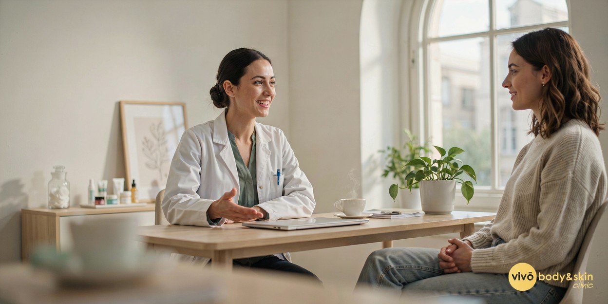 How to Maintain Weight Loss After Mounjaro in India 8 Aesthetic clinician consulting with a client about safe weight maintenance strategies