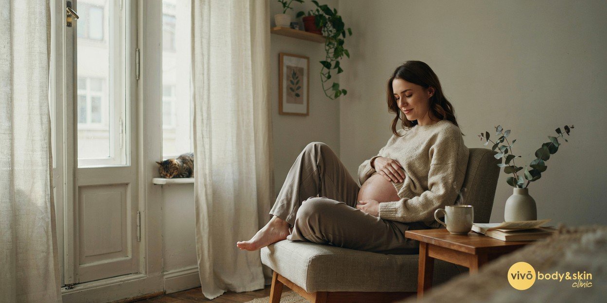 Non-Surgical Stretch Mark Reduction India: Complete Guide 3 Expectant mother relaxing by a window, representing post-pregnancy skin changes